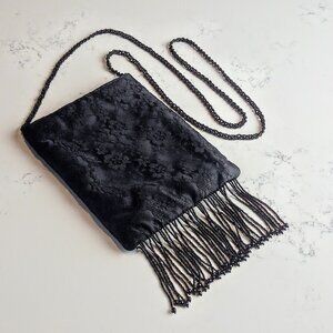 Sasha NY Black Lace Beaded Fringe Crossbody Bag